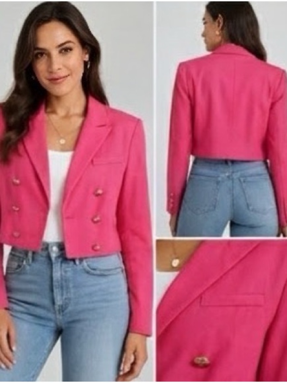 House of Harlow 1960 Linen Fuchsia Double-Breasted Blazer with Gold Buttons